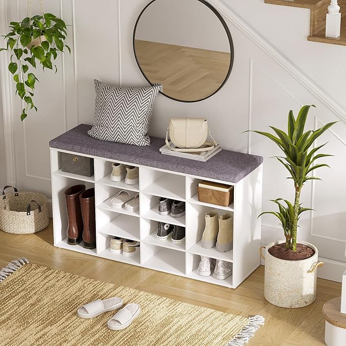 DINZI LVJ Shoe Storage Bench with Cushion, 14-Cubby Shoe Rack, Adjustable Shelves, Multifunctional Shoe Organizer Bench for Entryway, Mudroom, Hallway, Living Room, Bedroom and Garage, White