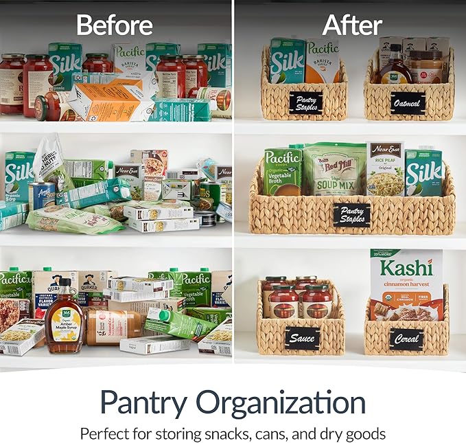 Best Choice Products Natural Hyacinth Angled Pantry Storage Baskets, Large Woven Wicker Storage Bins w/Handles, Storage Container Baskets for Shelves, Chalkboard Label & Marker (Set of 3) - Natural