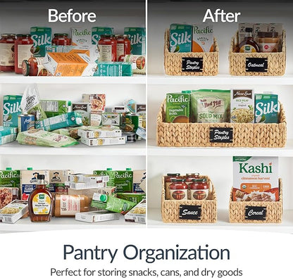 Best Choice Products Natural Hyacinth Angled Pantry Storage Baskets, Large Woven Wicker Storage Bins w/Handles, Storage Container Baskets for Shelves, Chalkboard Label & Marker (Set of 3) - Natural