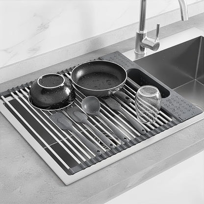 Roll Up Dish Drying Rack Over Sink, 17.5" x 15.2" Foldable SUS304 Stainless Steel Kitchen Dish Drainer, Heat-Resistant Multipurpose Rolling Sink Rack Organizer,Grey