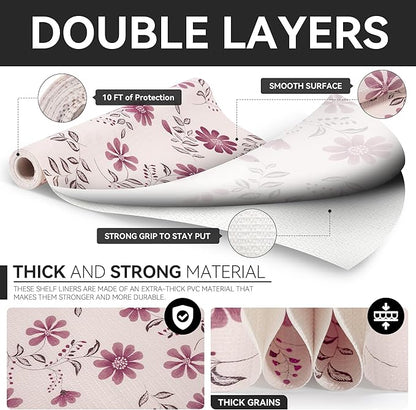 RAY STAR Shelf Liner, Non Adhesive Floral Kitchen Cabinet Liner for Pantry Drawer, Strong Grip Non Slip Waterproof, Shelf Liners for Kitchen Cabinets Cupboard 12 Inch x 10 FT Pink Daisy (4 Rolls)