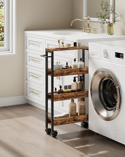 4-Tier Slim Storage Cart, 5.1'' Kitchen Serving Trolley, Slim Rolling Cart with Handle and Guard Rails, Slim Cabinet for Small Spaces, for Dining Room, Rustic Brown and Black TTC01BF
