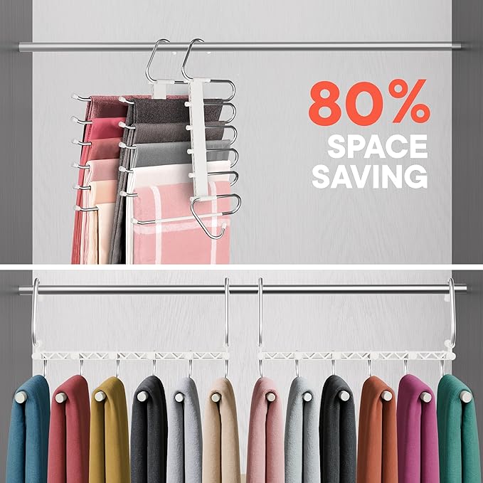 Campior Space Saving Pants Hangers 2 Pack, 6 Layer Jeans Hangers and Closet Organizer for Jeans, Scarves, & Skirts, Multi-Layer Hanger with Anti-Slip Stopper, Heavy-Duty S-Type Stainless Steel, White