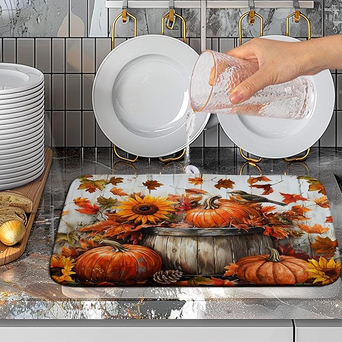 Wnoesat Fall Dish Drying Mat for Kitchen Counter Autumn Thanksgiving Pumpkin Sunflower Maple Leaf Leaves Birds Dishes Draining Pad Washable Dish Drainer Rack Mat Medium 16x18 Inch