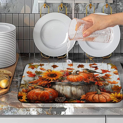 Wnoesat Fall Dish Drying Mat for Kitchen Counter Autumn Thanksgiving Pumpkin Sunflower Maple Leaf Leaves Birds Dishes Draining Pad Washable Dish Drainer Rack Mat Medium 16x18 Inch