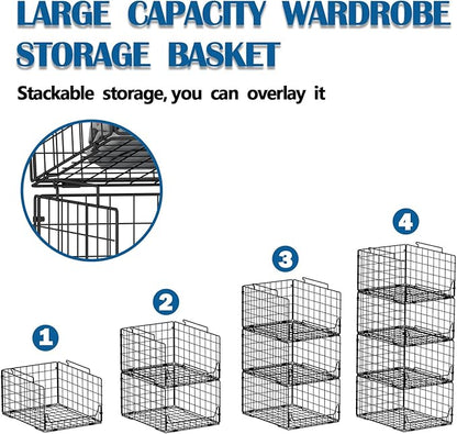 Stackable Closet Organizers and Storage Bins 4 Pack, Sturdy Metal Clothes Storage Container for Clothes Pants Sweaters, Black Folded Drawer Shelf Organizer for Closet Wardrobe