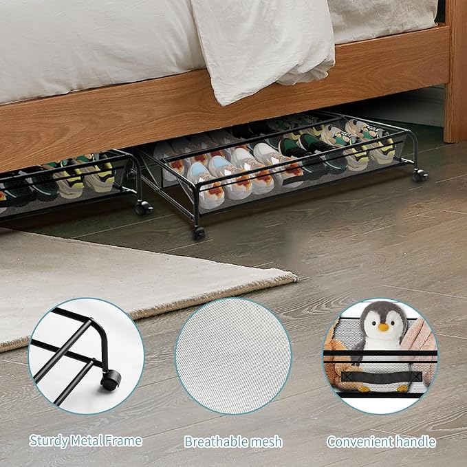 XSCQ Under Bed Shoe Storage with Wheels, Space Saving Shoe Organizer with Sturdy Metal Frame & Breathable Mesh, Suitable Under the Bed, Sofa and Desk, 2 Packs
