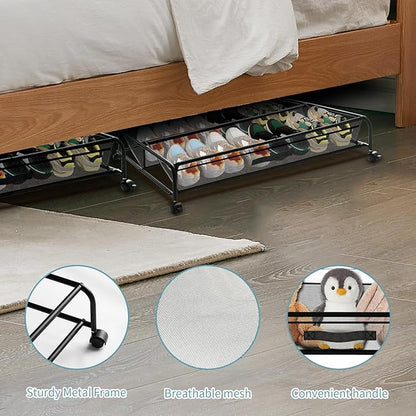 XSCQ Under Bed Shoe Storage with Wheels, Space Saving Shoe Organizer with Sturdy Metal Frame & Breathable Mesh, Suitable Under The Bed, Sofa and Desk, 1 Pack