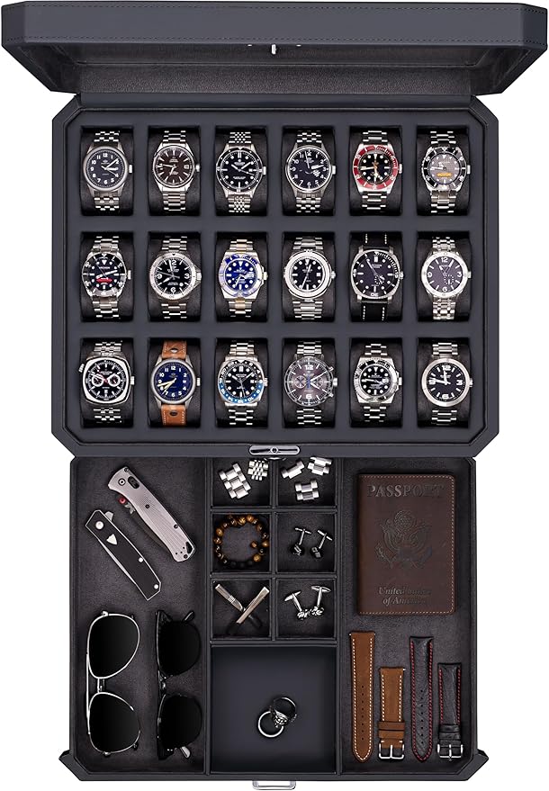 ROTHWELL 18-Slot Watch Case with Drawer – Luxury Watch Box for Men, Real Glass Top, Lockable, Display Case for Collections (Carbon)