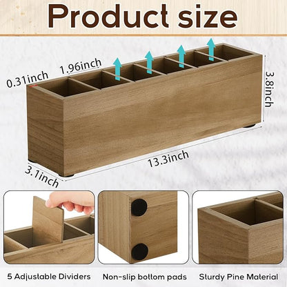 Jetec Wooden Pencil Pen Holder for Desk 6 Compartments Wood Office Desk Organizers for Countertop Adjustable Makeup Brush Organizer Silverware Caddy for Party, Home, Art Supplies(Wood Color)