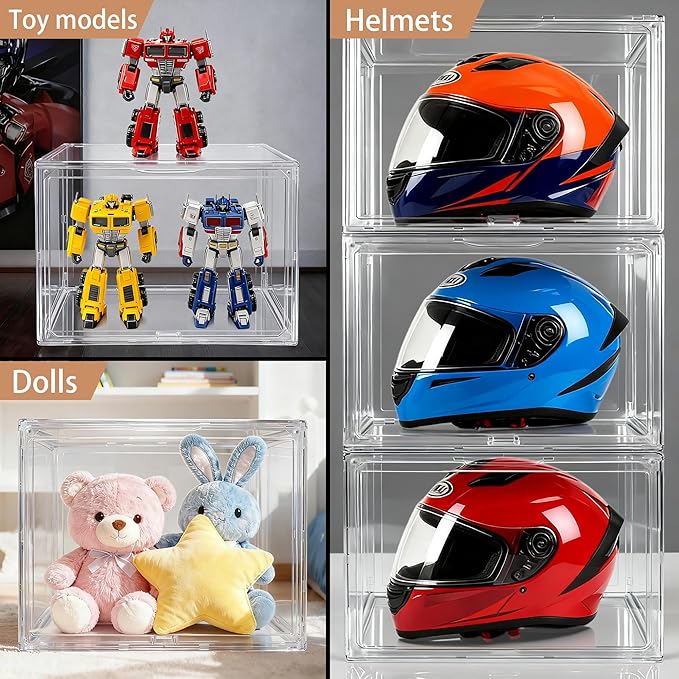 Extra XXX-Large Acrylic Display Case 17.3''x13''x13'' Super Large Figures Collectibles Helmet Showcase Tall Boot Shoe Boxes Clear Stackable Huge Storage Box with Magnetic Lid, 1 Pack with 2 Shoe Bags