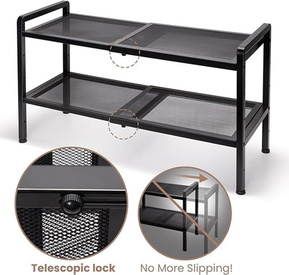 Varhomax Expandable Shoe Rack for Entryway, 2-Tier Adjustable Shoe Organizer, Sturdy Black Metal Storage Shelf for Closet, Apartment, Dorm, Small Spaces