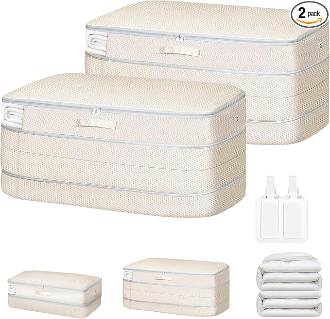 Easortm Comforter Storage Bag - Large Capacity Bedding Storage Bags Ultra Space Saving Self Compression Organizer, Washable Compression Bags for Storage Comforter Blanket Duvet Pillow, 2-Pack, Beige