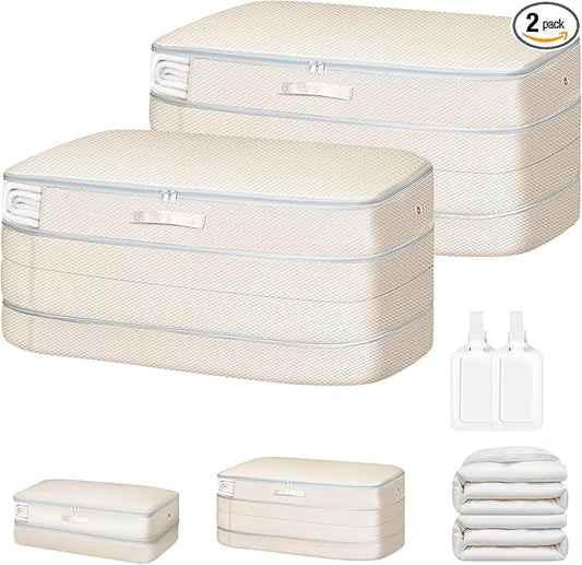 Easortm Comforter Storage Bag - Large Capacity Bedding Storage Bags Ultra Space Saving Self Compression Organizer, Washable Compression Bags for Storage Comforter Blanket Duvet Pillow, 2-Pack, Beige