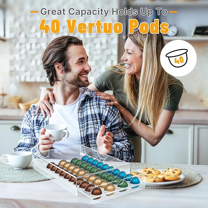 Coffee Pod Holder Compatible with Nespresso Pods Vertuo Holder, 40 Pods Capacity Acrylic Drawer Organizer, Suit for Home Office, Kitchen, Coffee Counter