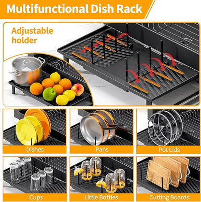 Urackify Dish Rack for Kitchen Counter, 304 Stainless Steel Dish Drying Rack, Expandable Dish Drainer, Foldable Kitchen Storage Organizer with Cutlery Holder, Plate Rack, Black