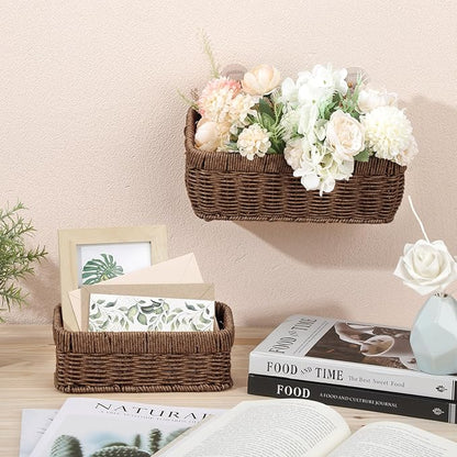 Tioncy 2 Pcs Woven Hanging Wall Baskets for Storage Boho Style Hanging Storage Plastic Woven Baskets with 4 Hooks for Kitchen Garden Living Room(Brown,Sea Grass)