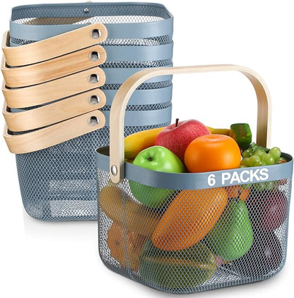 Roshtia 6 Pcs Metal Mesh Steel Basket with Handle, Rustic Square Wire Harvest, Shopping Baskets for Retail Store Garden Bathroom Kitchen(9.65 x 9.65 x 7.09 Inch,Blue)