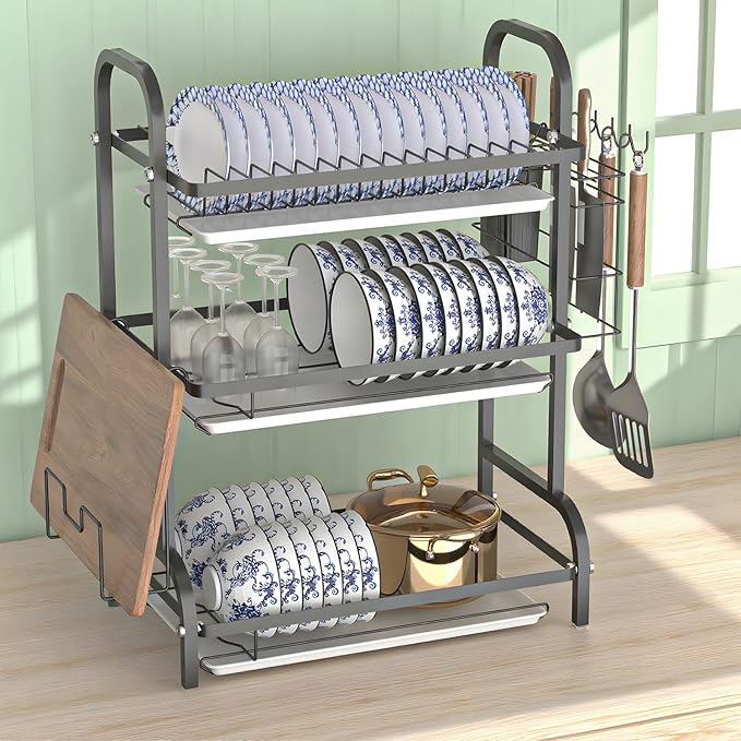 Haboqo Large Dish Drying Rack Multifunctional 3 Tier Dish Rack with Drain Tray, Dish Drainer for Kitchen Counter with Drainboard/Utensil/Cup Holder Rust Proof Carbon Steel