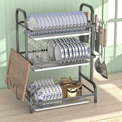 Haboqo Large Dish Drying Rack Multifunctional 3 Tier Dish Rack with Drain Tray, Dish Drainer for Kitchen Counter with Drainboard/Utensil/Cup Holder Rust Proof Carbon Steel