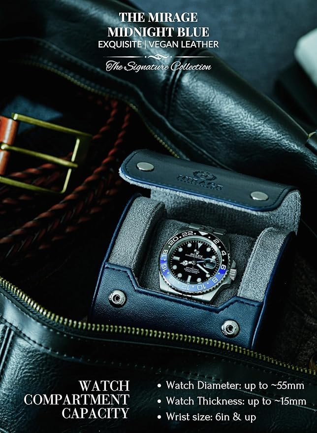 Single Watch Case - 1 Watch Travel Case Holder - Midnight Blue Swiss Motif Vegan Leather