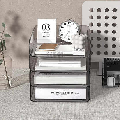 Clear Paper Organizer - Brown Acrylic Stackable Paper Tray for Desk, 4-Tier Letter Tray Organizer with Smooth Edges and Rounded Corners