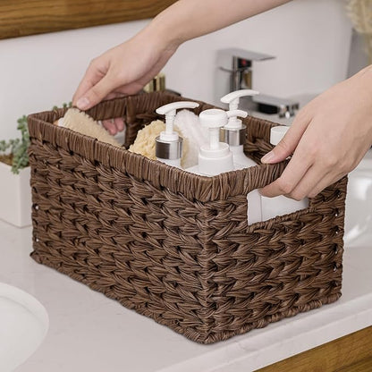 GRANNY SAYS Wicker Storage Baskets for Shelves, Wicker Baskets for Organizing, Waterproof Woven Basket for Pantry, Rectangle Basket for Shlef, Brown, 2-Pack