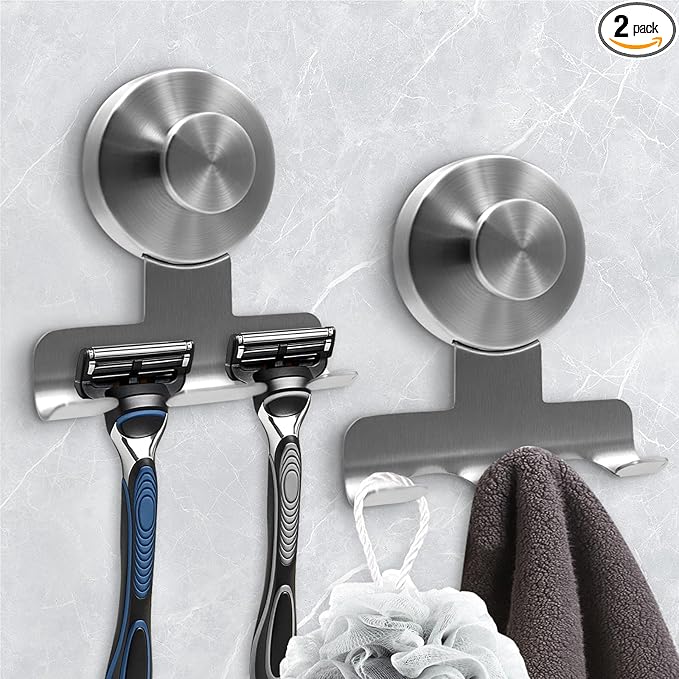WingWider Suction Cup Razor Holder for Shower,Heavy-Duty 7KG Suction Hooks for Razor,Towel,Loofah,Removable Damage-Free Metal Shower Hook,Shaver Holder,2 Pack(Brushed Silver)