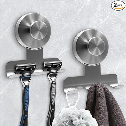 WingWider Suction Cup Razor Holder for Shower,Heavy-Duty 7KG Suction Hooks for Razor,Towel,Loofah,Removable Damage-Free Metal Shower Hook,Shaver Holder,2 Pack(Brushed Silver)