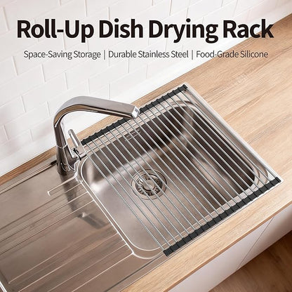 TYZUIAW Roll Up Dish Drying Rack for Over Sink - 17.5"x15.7" Foldable Stainless Steel Kitchen Drainer, Black