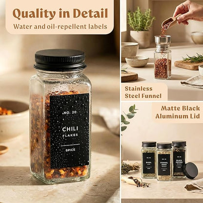 Glass Spice Jars with Label and Black Aluminum Lids (24 x 4oz) Spice Containers with 240 Labels, Shaker Inserts, Steel Funnel, Empty Square Seasoning Organizer (Black Aluminum Lid)