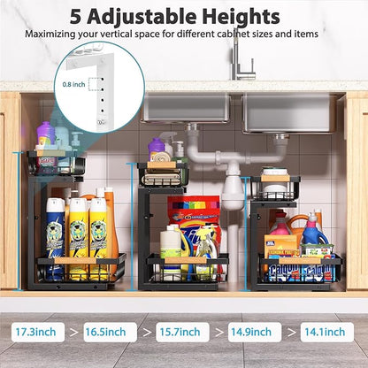 Under Sink Organizer 2 Pack, 2 Tier Slide Out Large Capacity Height Adjustable Under Sink Organizers and Storage for Kitchen Bathroom Cabinet, Black