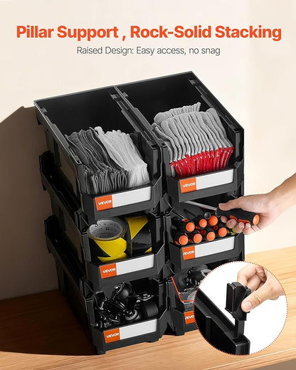 VEVOR Plastic Stackable Storage Bins, 14.8 x 8.5 x 7.1 inch (6 Pack), Plastic Containers for Organizing and Storage Bins for Closet, Garage, Small Parts, Office Supplies and Other Accessories, Black