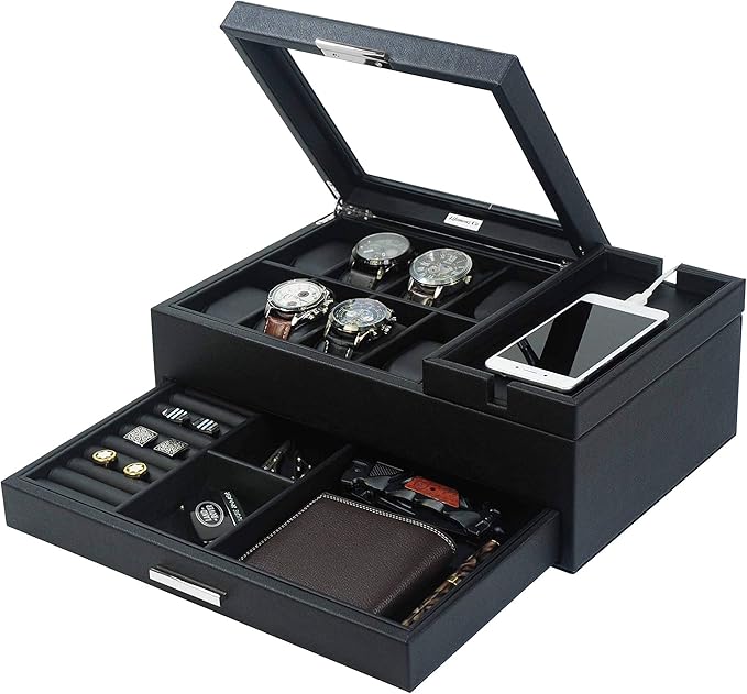 Lifomenz Co Mens Jewelry Box Valet Tray with Drawer and Charging Station Organizer,Nightstand Organizer for Men Jewelry Tray,Catchall Tray for Men Accessories