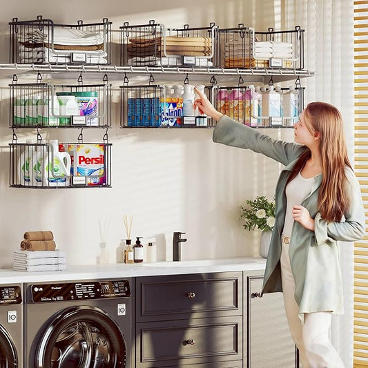 5-Tier Hanging Laundry Room Organizer with Label Cards,Foldable Wire Shelf Basket with 4 Rotating Hooks,Stacked Laundry Basket Organizer,Storage Rack for Laundry Rooms,Closet and Pantry-Black