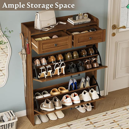 Shoe Storage Cabinet for Entryway, Farmhouse Narrow Shoe Cabinet with 2 Flip Drawers & Top Drawers, Adjustable Shelves & Hooks, Freestanding Hidden Rack Organizer for Hallway, Foyer