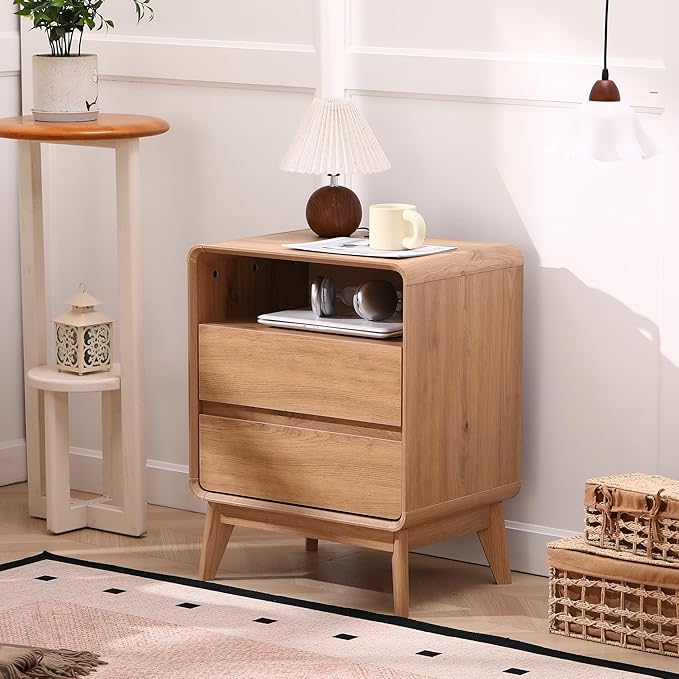 GlowVitaHome Nightstand, Wood Bedside Table with 2 Drawers and Open Storage Shelf, Accent End Table with Solid Wood Legs for Bedroom,Nature