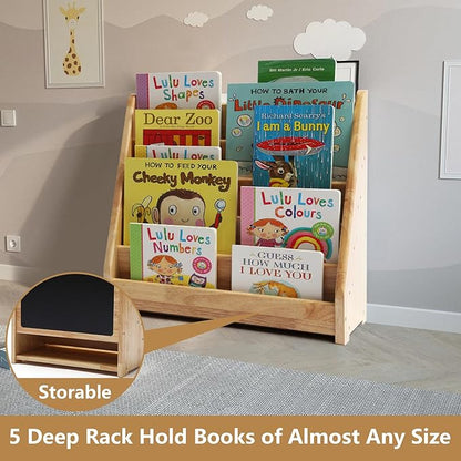 Montessori Bookshelf for Toddler 1-5 Years, Kids Wooden 5-Tier Front Facing Book Display Shelf with Chalkboard for Bedroom,Playroom,Classroom,Book Rack Organizer, Natural