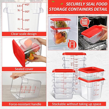 Yungyan 16 Pcs Restaurant Food Storage Containers with Lids Set 2Qt and 4Qt Commercial Restaurant Square Storage Containers Clear Food Cereal Container for Kitchen Freezer (Red Lids)