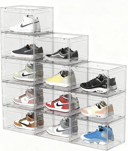 Parlynies 12 Packs Plastic Sneaker Storage Shoe Containers, Stackable Shoe Organizer with Doors, Acrylic Display Shoes Boxes