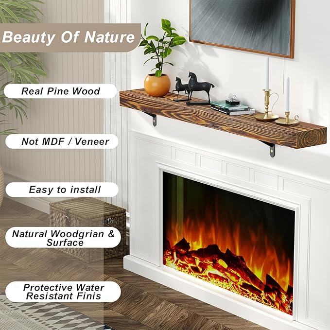 ROOMTEC Fireplace Mantel, 48" Floating Fireplace Shelves, Wall Mounted Wooden Display Shelving, Handcrafted Wood Brack, Natural Mantels Over Fireplace | 48" x 8" x 3" - Wood Brown