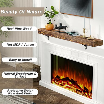 ROOMTEC Fireplace Mantel, 48" Floating Fireplace Shelves, Wall Mounted Wooden Display Shelving, Handcrafted Wood Brack, Natural Mantels Over Fireplace | 48" x 8" x 3" - Wood Brown