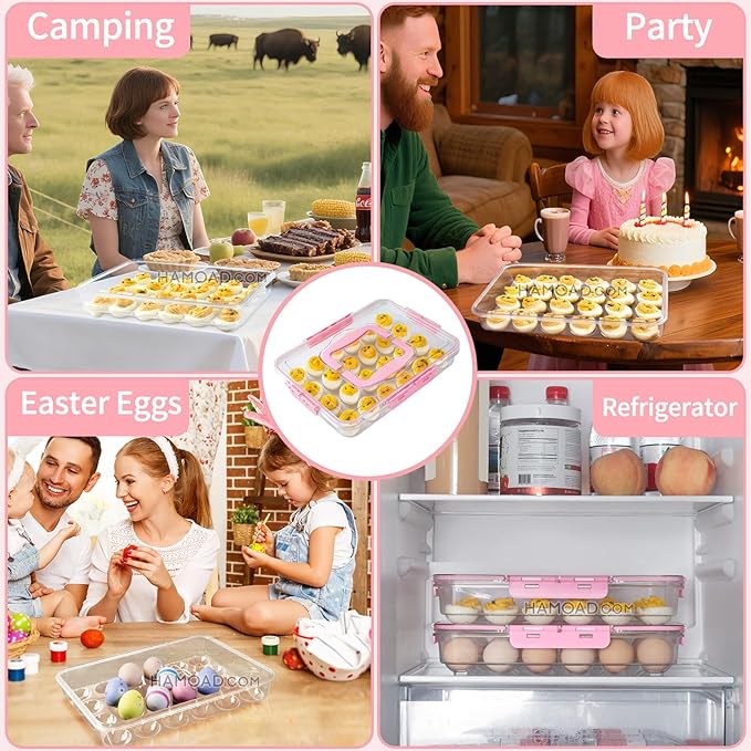2 Pack Deviled Egg Containers with Lid and Handle, Durable Clear Plastic Deviled Egg Carrier Storage 48 Eggs, Stackable Egg Holder for Fridge, Portable Tray Platter for Party & Picnics-Pink