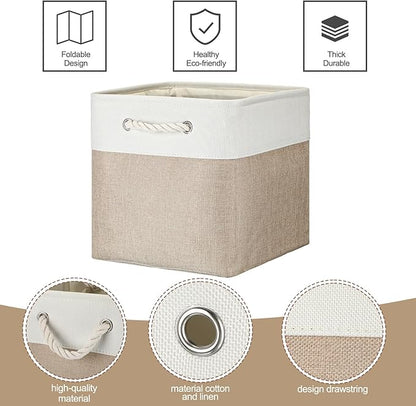 meekoo 8 Pack Collapsible Storage Bins Fabric Storage Bins Polyester Fabric Baskets with Handles Linen Closet Organizer for Shelf Home Closet Towels Toys(12 x 12 x 12 in,Beige)