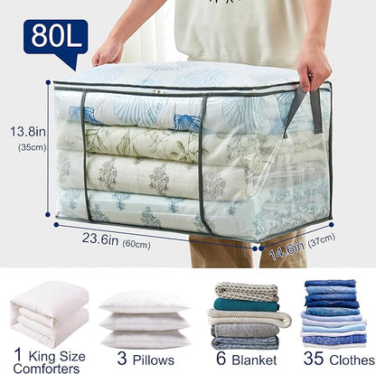MKOKYD 80L Clear Large Storage Bag, Clothes Storage Containers for Organizing Closet, Bedroom, Underbed, Comforters, Clothing, Blankets, Pillow, Foldable Organizer with Sturdy Handle and Zippers (6)