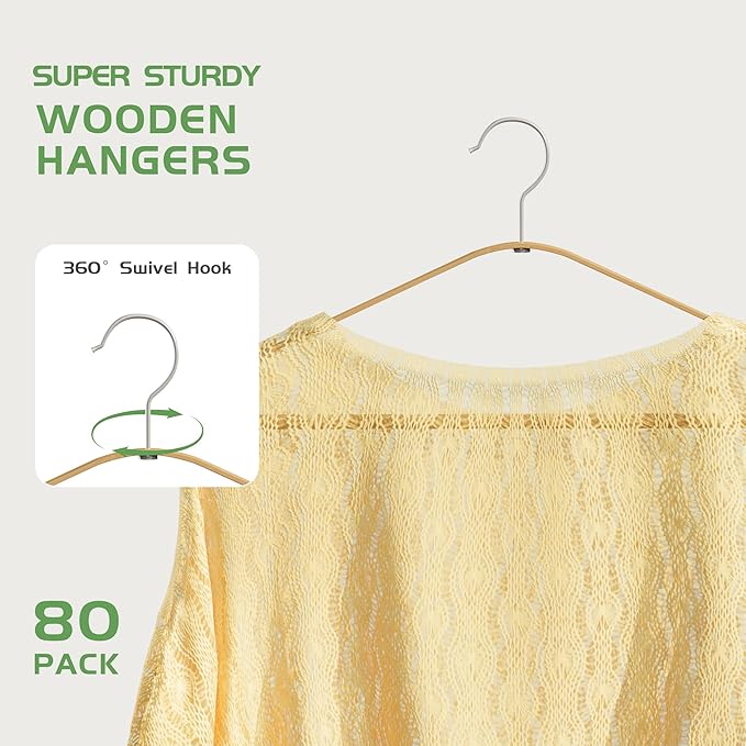 APRTAT Bamboo Wood Hangers 20 Packs, Coat Hangers, Clothes Hangers with 360-Degree Rotatable Hook, Heavy Duty, Non Slip Suit Hangers for Clothes, Jacket, Shirt, Tank Top, Pant (Bamboo, 80 PCS)