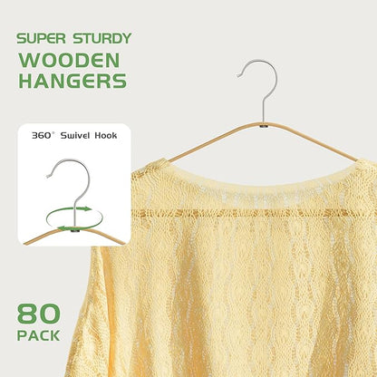 APRTAT Bamboo Wood Hangers 20 Packs, Coat Hangers, Clothes Hangers with 360-Degree Rotatable Hook, Heavy Duty, Non Slip Suit Hangers for Clothes, Jacket, Shirt, Tank Top, Pant (Bamboo, 80 PCS)