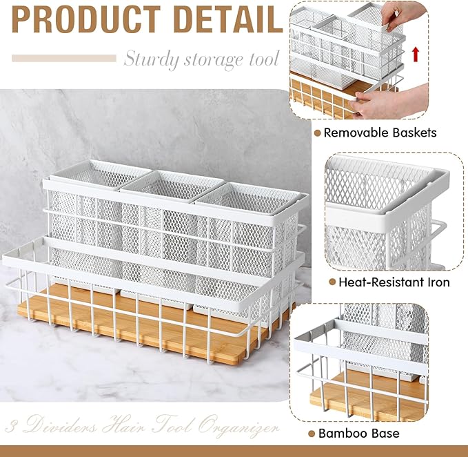 AceOrbit 1 Pcs Hair Tool Organizer Countertop Breathable Metal & Bamboo Hot Tools Organizer Under Sink Bathroom Hair Dryer Holder Countertop Brush Comb Holder,makeup tray (Natural Bamboo,White)