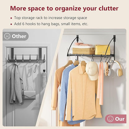 Tajsoon Over The Door Hanger with Storage Rack and 6 Hooks, Over The Door Clothes Racks for Hanging Coat, Door Rack Hanger for Bathroom, Bedroom, Living Room, Black