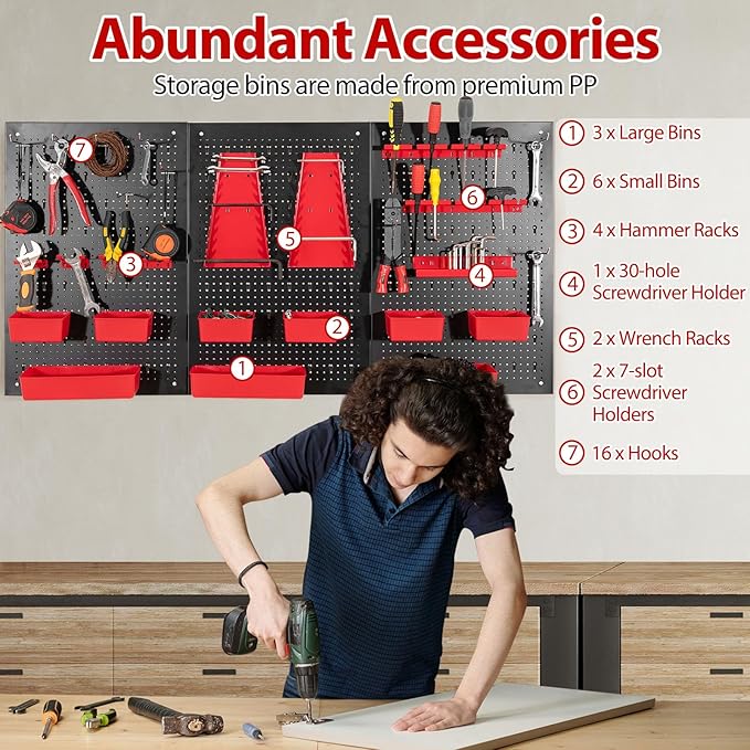 Tool Pegboard Organizer, 4 FT Metal Pegboard Wall with Hooks, Storage Bins & Tool Holders, Peg Board Kit Garage Storage System for Workbench Shed, Craft Room & Workshop (Black+Red)